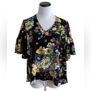 Catherine Malandrino SZ S Black Multi Color Floral Print Short Bell Slee…